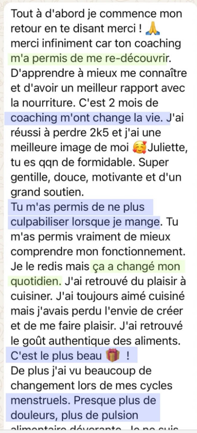 Message d'une cliente